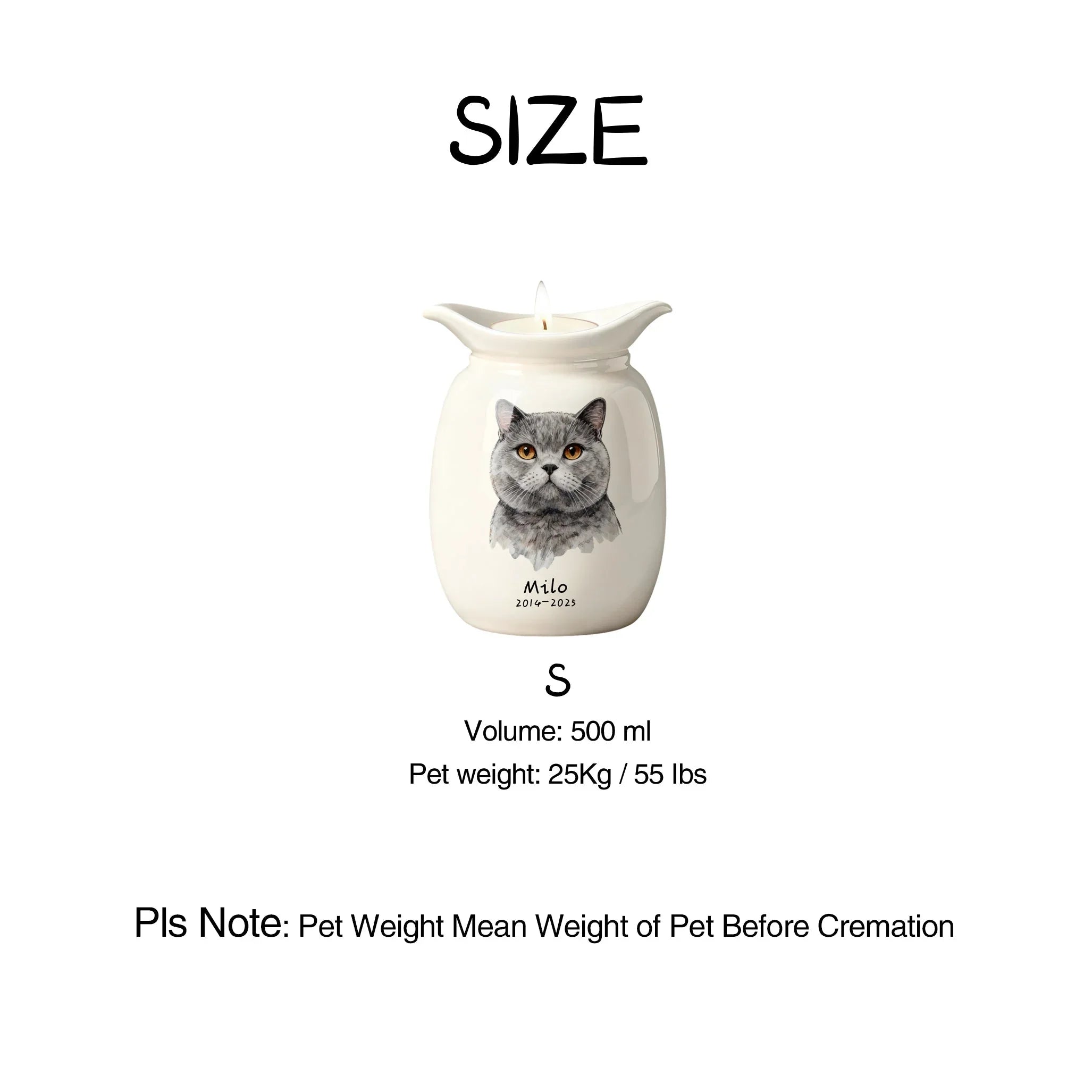 Personalized Cat Urns for Ashes With Candle Holder–Luxury Ceramic Pet Urns for Cat or Dog,Hand-Painting Portrait,Name&Date,Pet Loss Gift