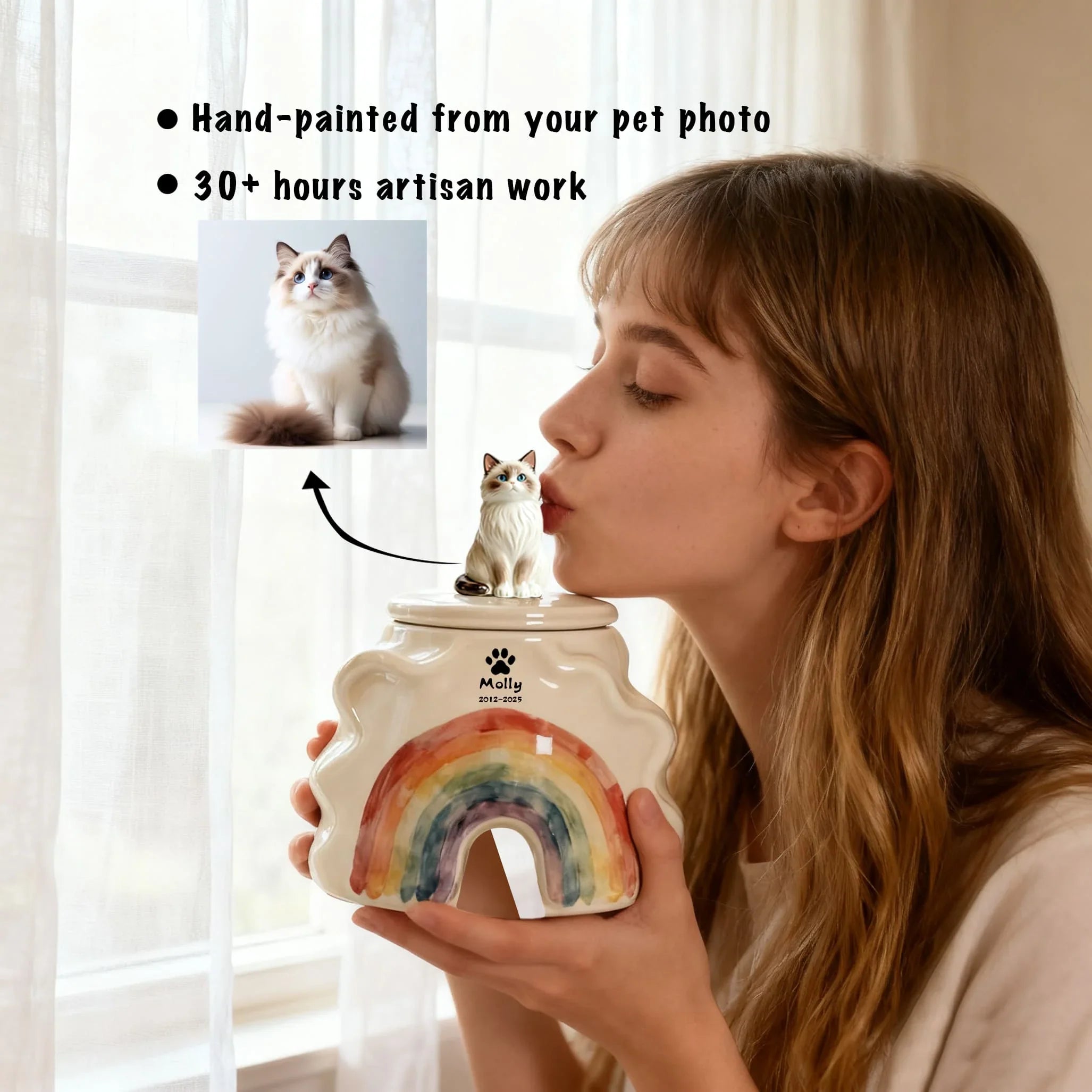 Personalized Cat Cremation Urn - Custom Pet Portrait & Date Engraving