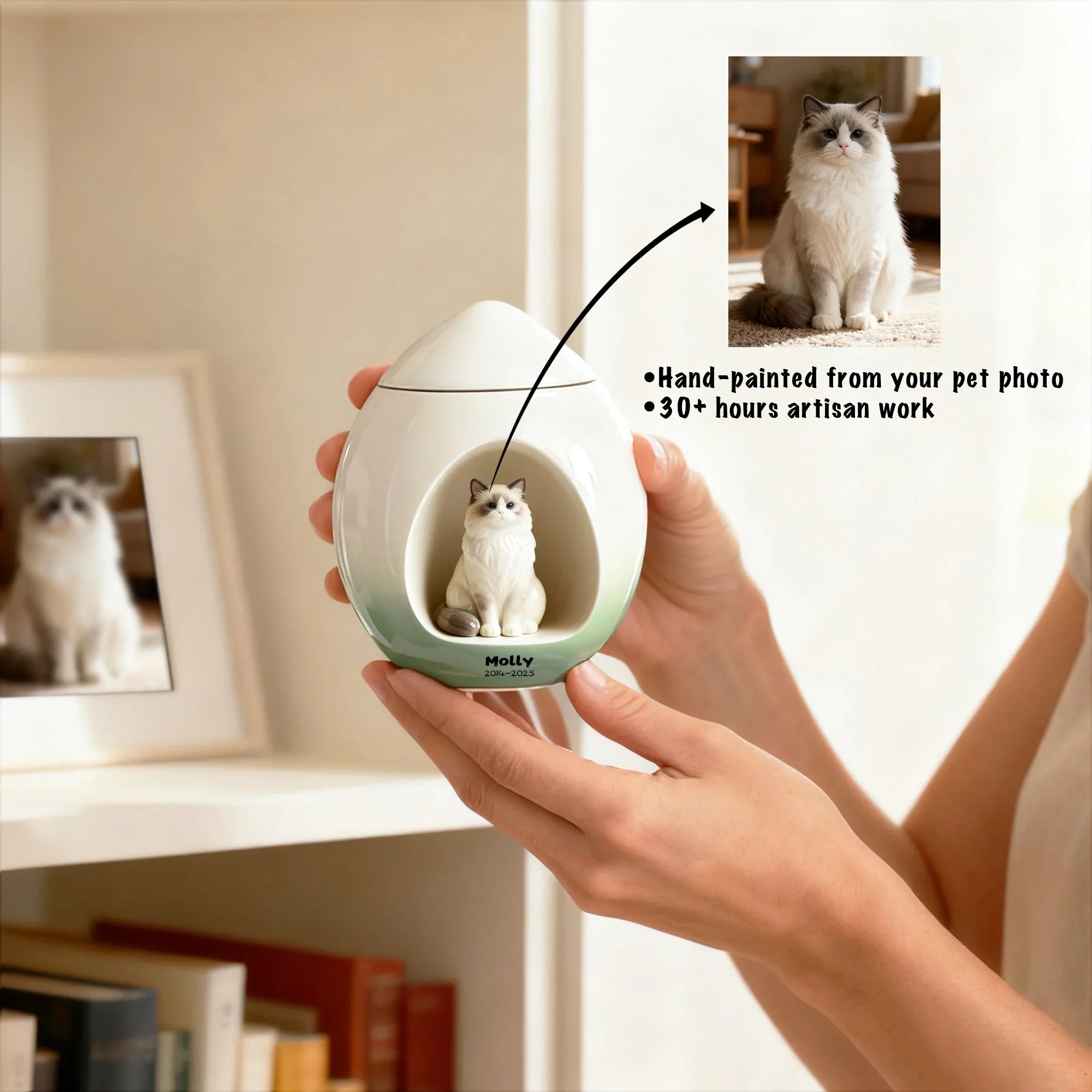 Personalized Cat Urn for Ashes – Custom Handmade Urn with Pet Portrait, Name & Dates | A Loving Memorial Keepsake