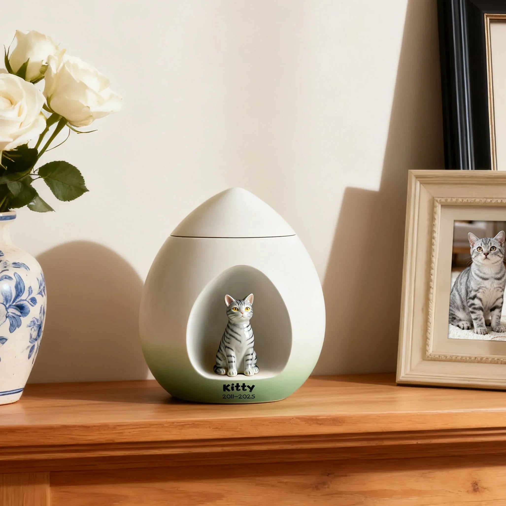 Personalized Cat Urn for Ashes – Handmade Custom Portrait Memorial with Name, A Loving Pet Keepsake