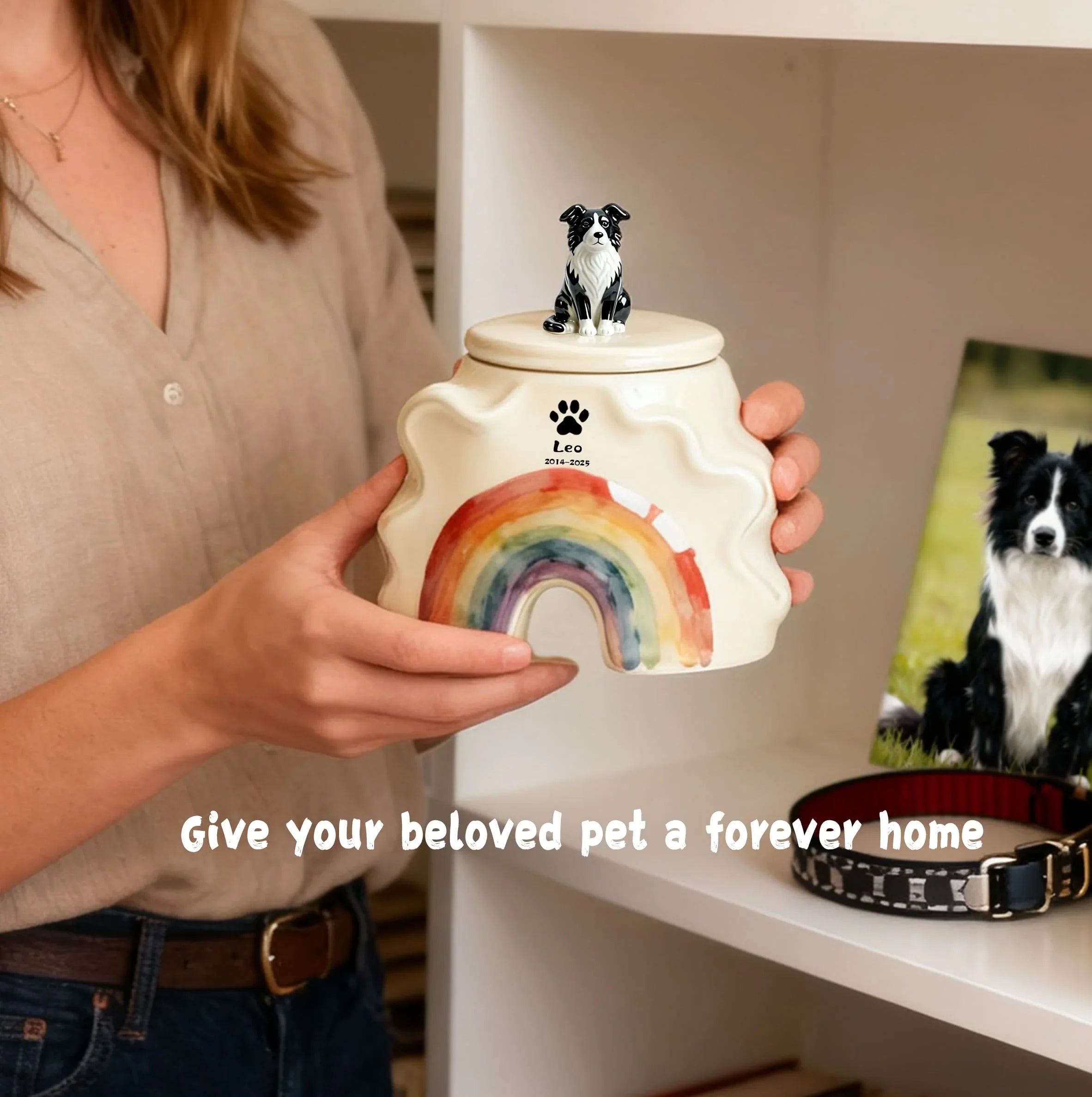 Personalized Dog Urns for Ashes – Hand-Painted Ceramic Rainbow Bridge Memorial, Paw Print, Name & Date,Portrait Figurines,Pet Loss Keepsake