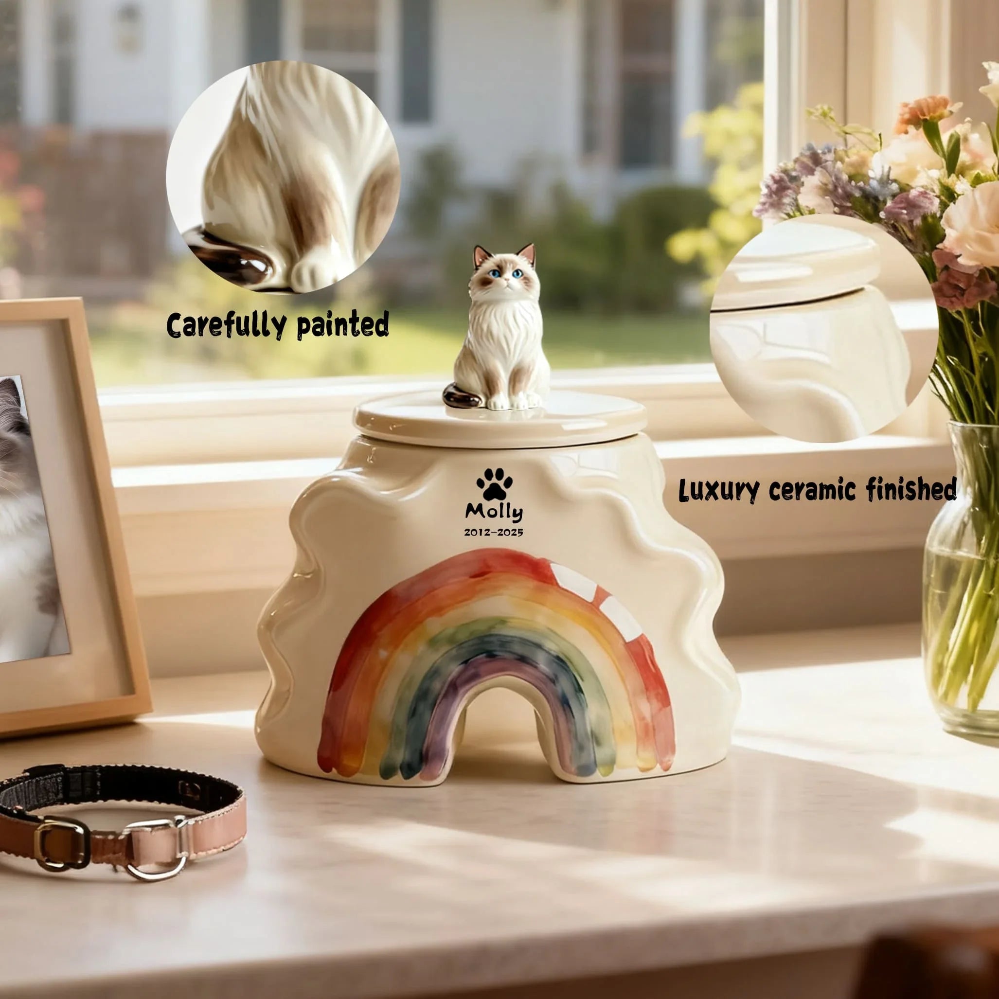 Personalized Cat Cremation Urn - Custom Pet Portrait & Date Engraving