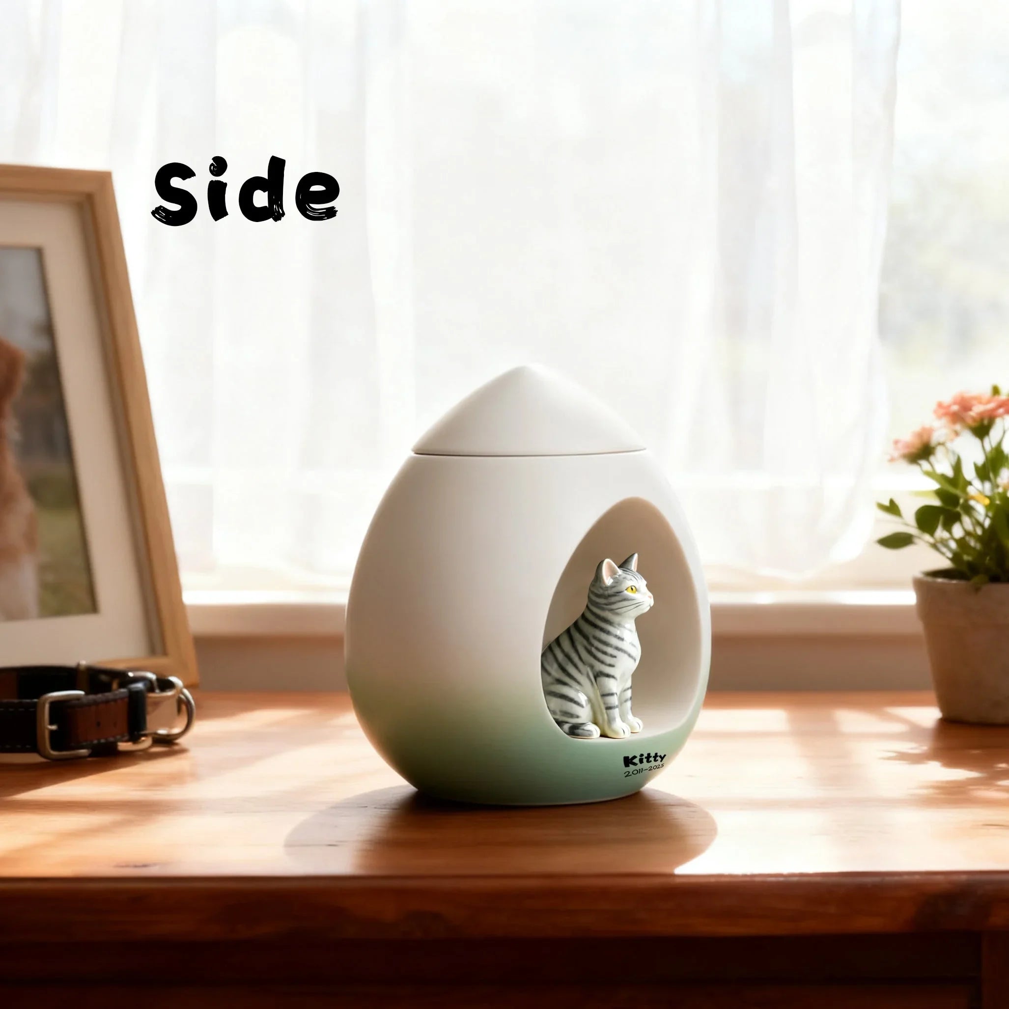 Handmade Ceramic Cat Urn for Ashes – Personalized Pet Portrait Urn with Engraved Name & Dates