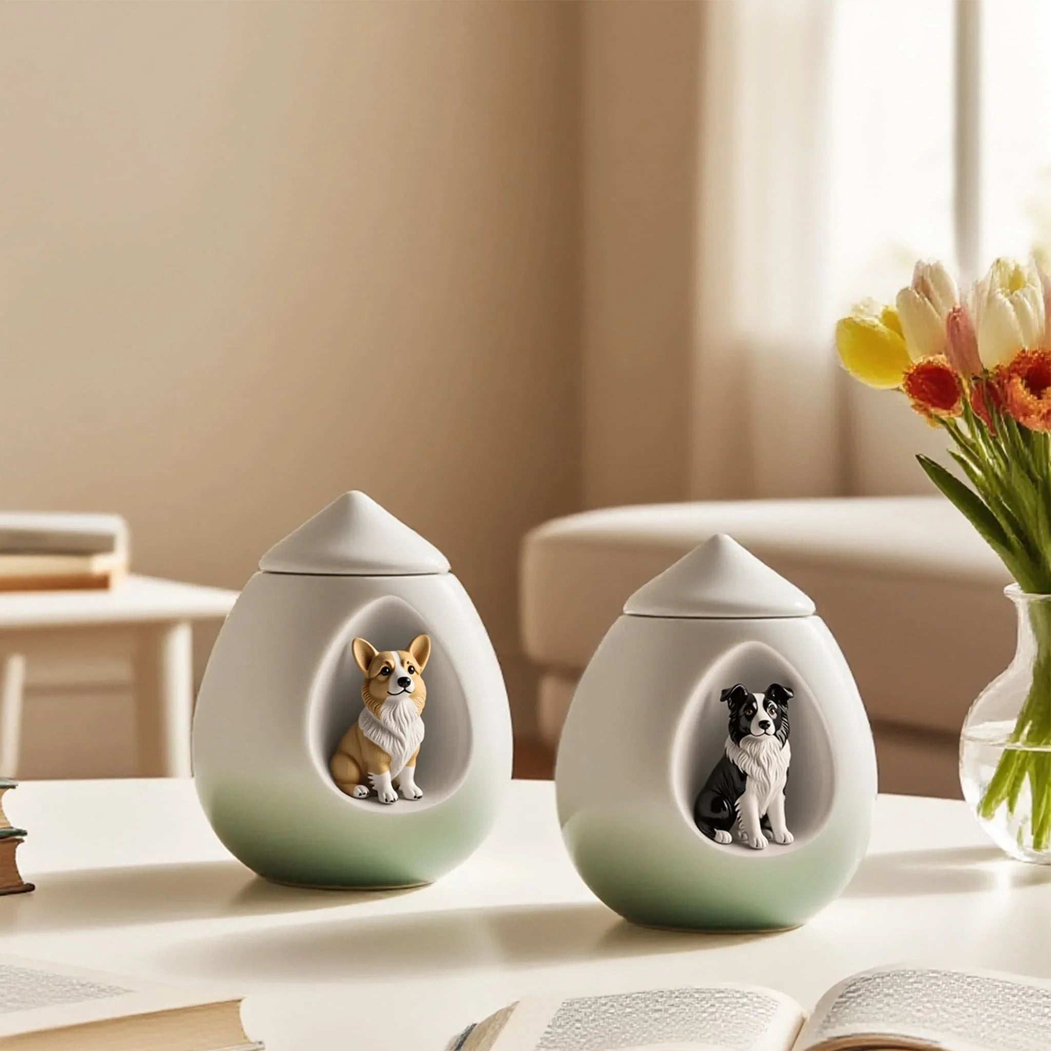 Two ceramic pet urns with dog and cat figurines on a table with a vase of flowers in the background.